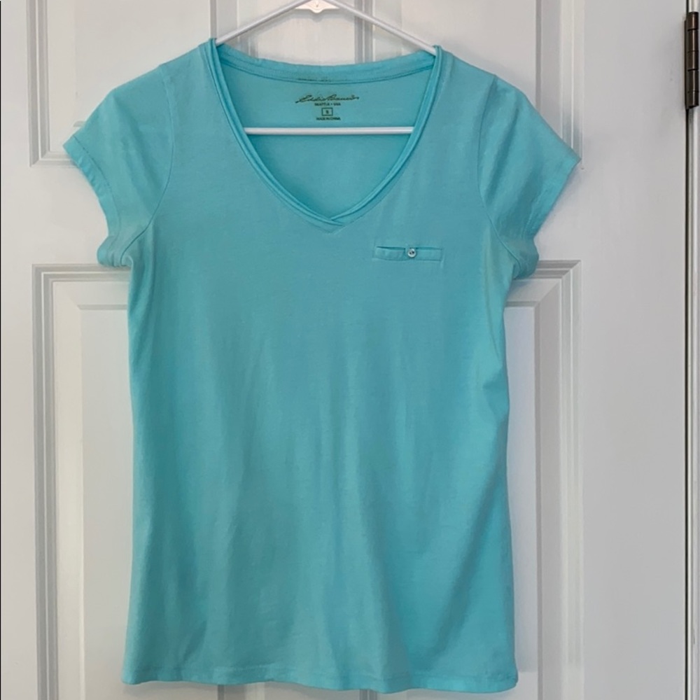Eddie Bauer SS Teal V Neck Shirt size women sm